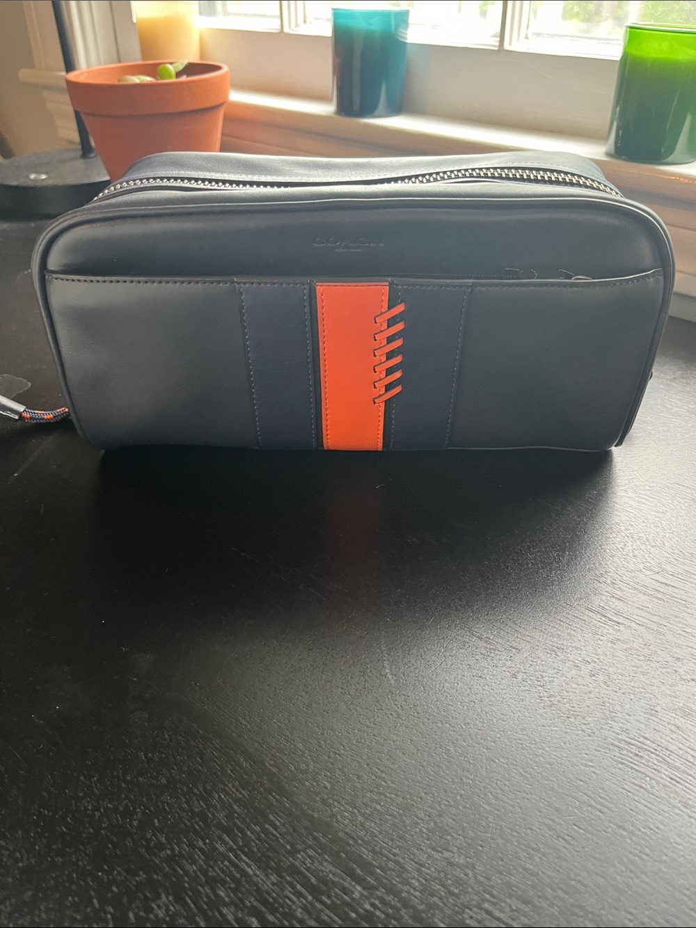 Coach Dark Navy Leather Travel Dopp Kit with Orange Accent